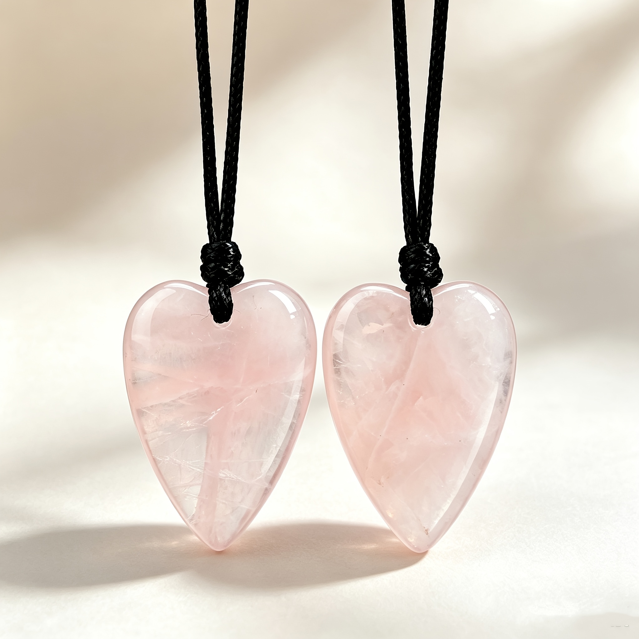 2pcs Natural Rose Quartz Heart-Shaped Pendant Necklace Set